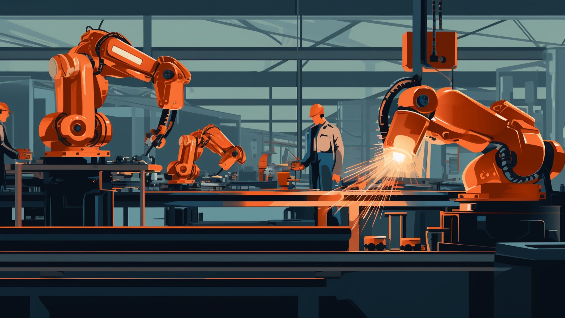 artistic representation of cobots as part of a robotic welding process