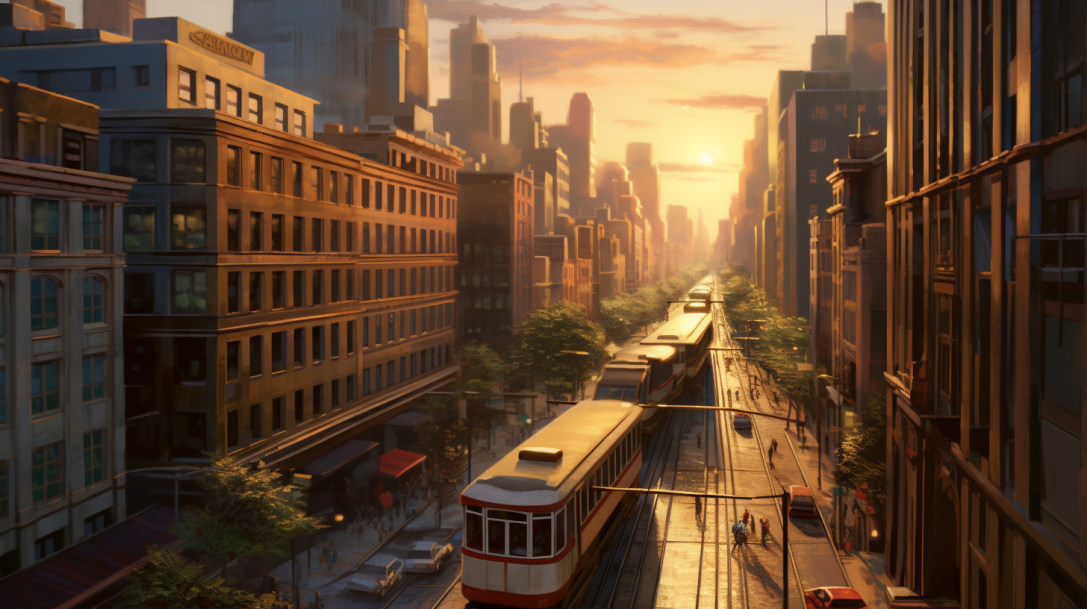 an urban spraw scene at sunset