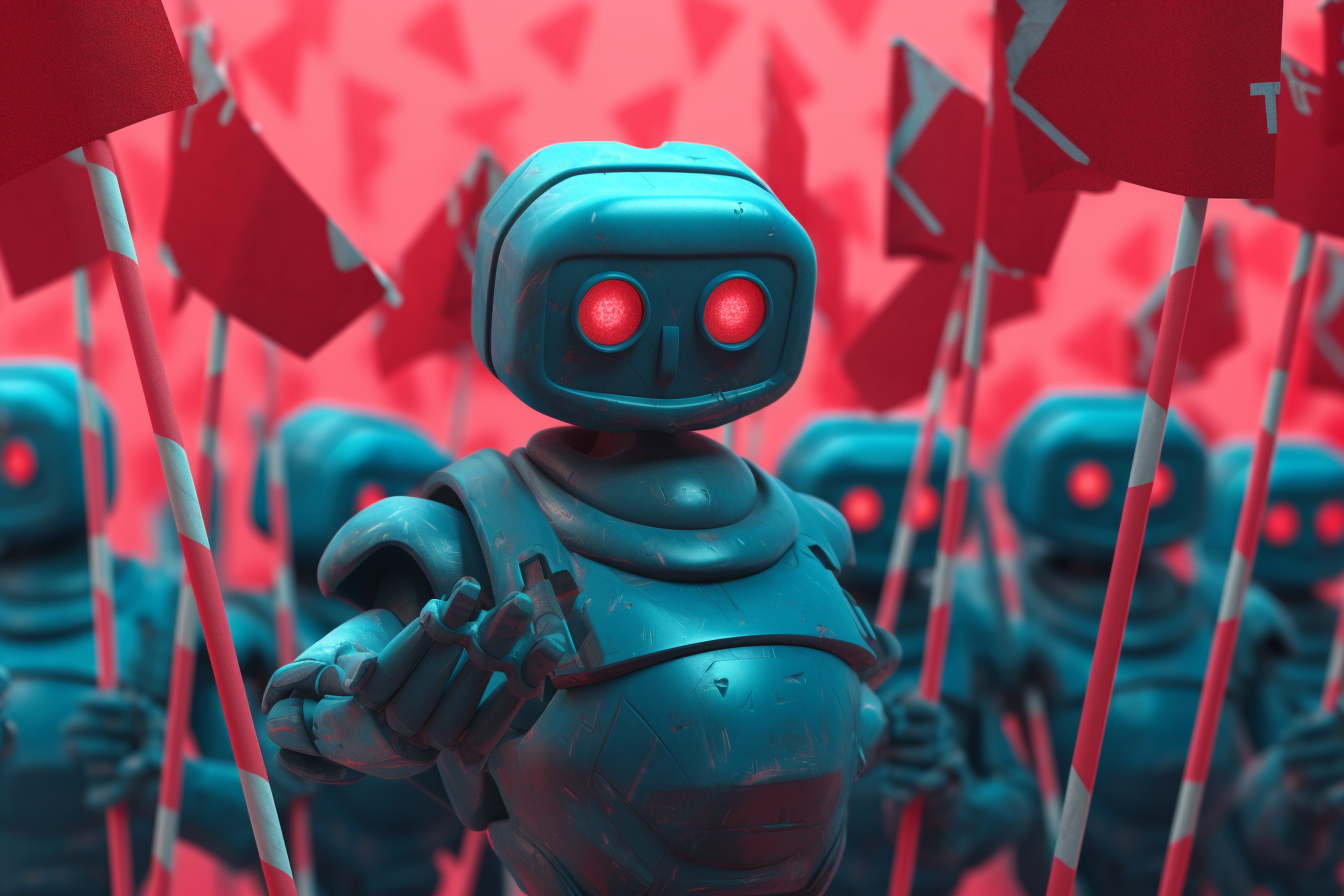 robots holding red flags
