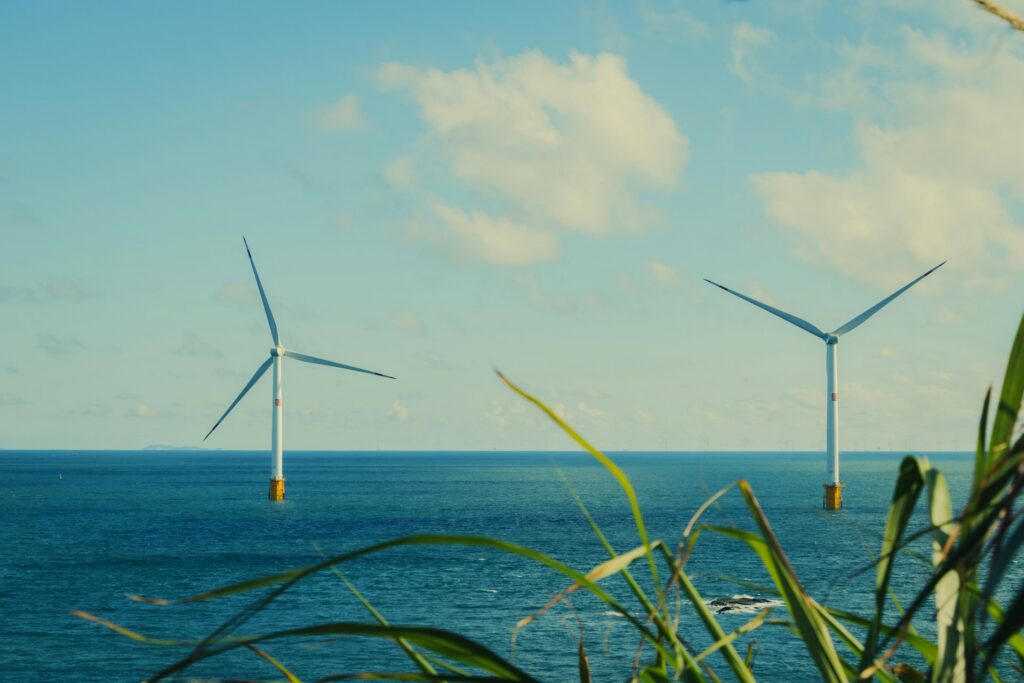 Two offshore wind turbines with palm fronds