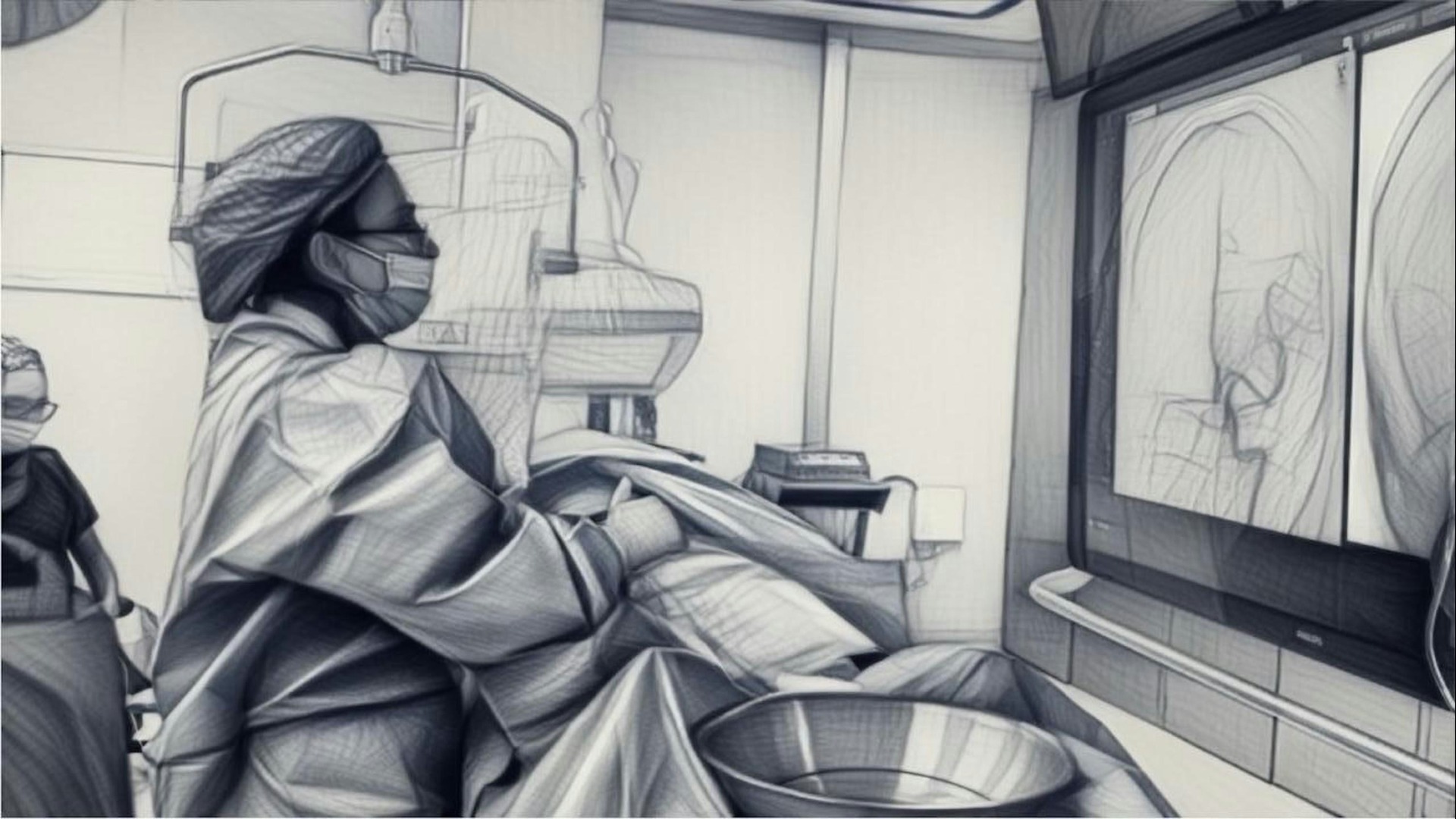 sketch image of a surgeon using technology during a procedure