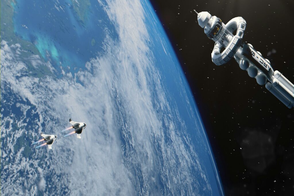 Artist rendering of space station in orbit