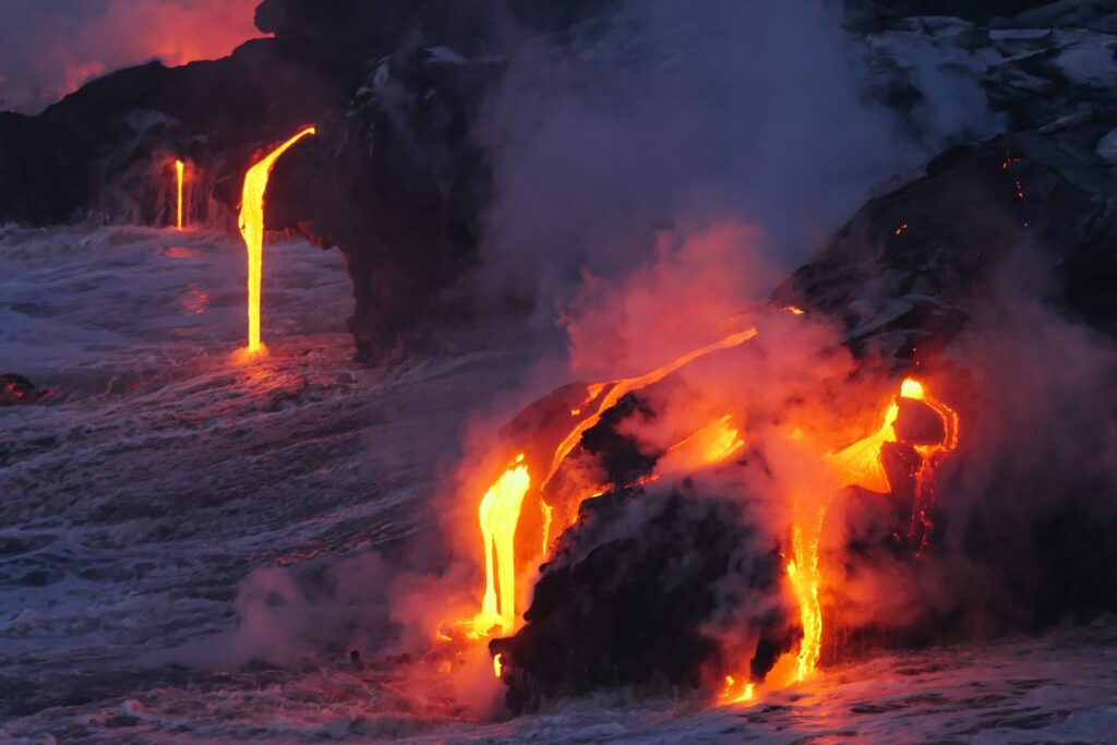 flowing lava hits the sea