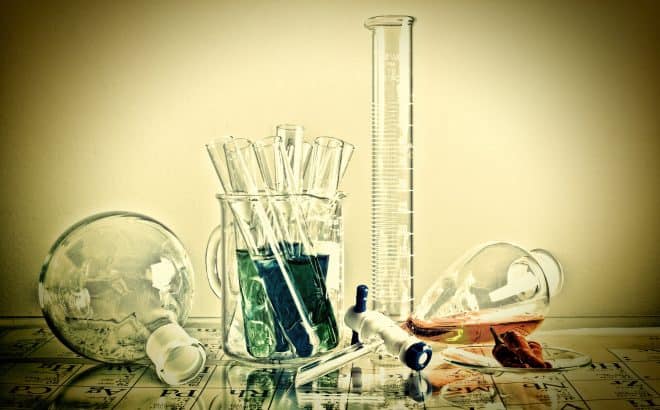 beakers and flasks on the periodic table of elements