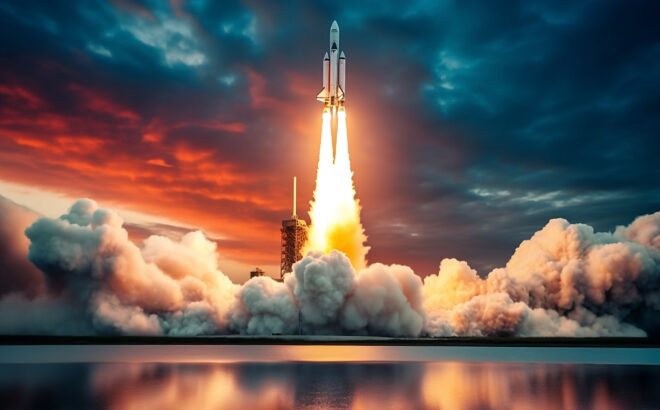 a rocket launch at sunset