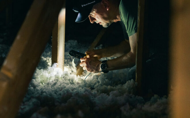 person working with insulation with head lamp