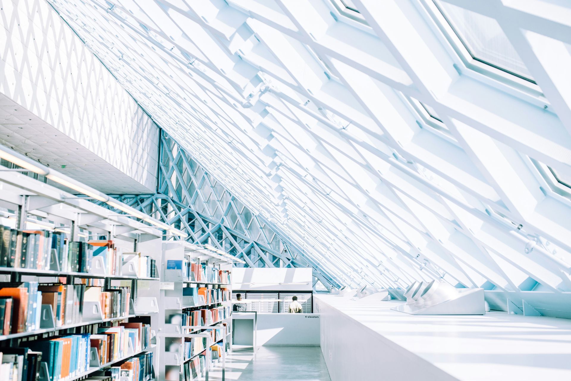 A well-lit library with large skylights.