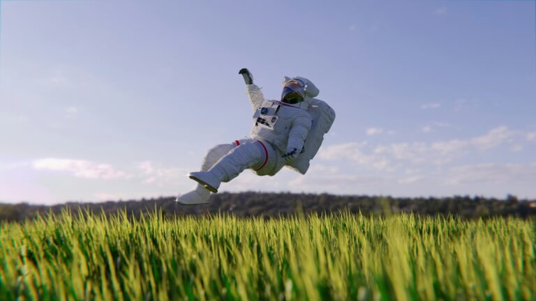 an astronaut returning to earth, landing in grass