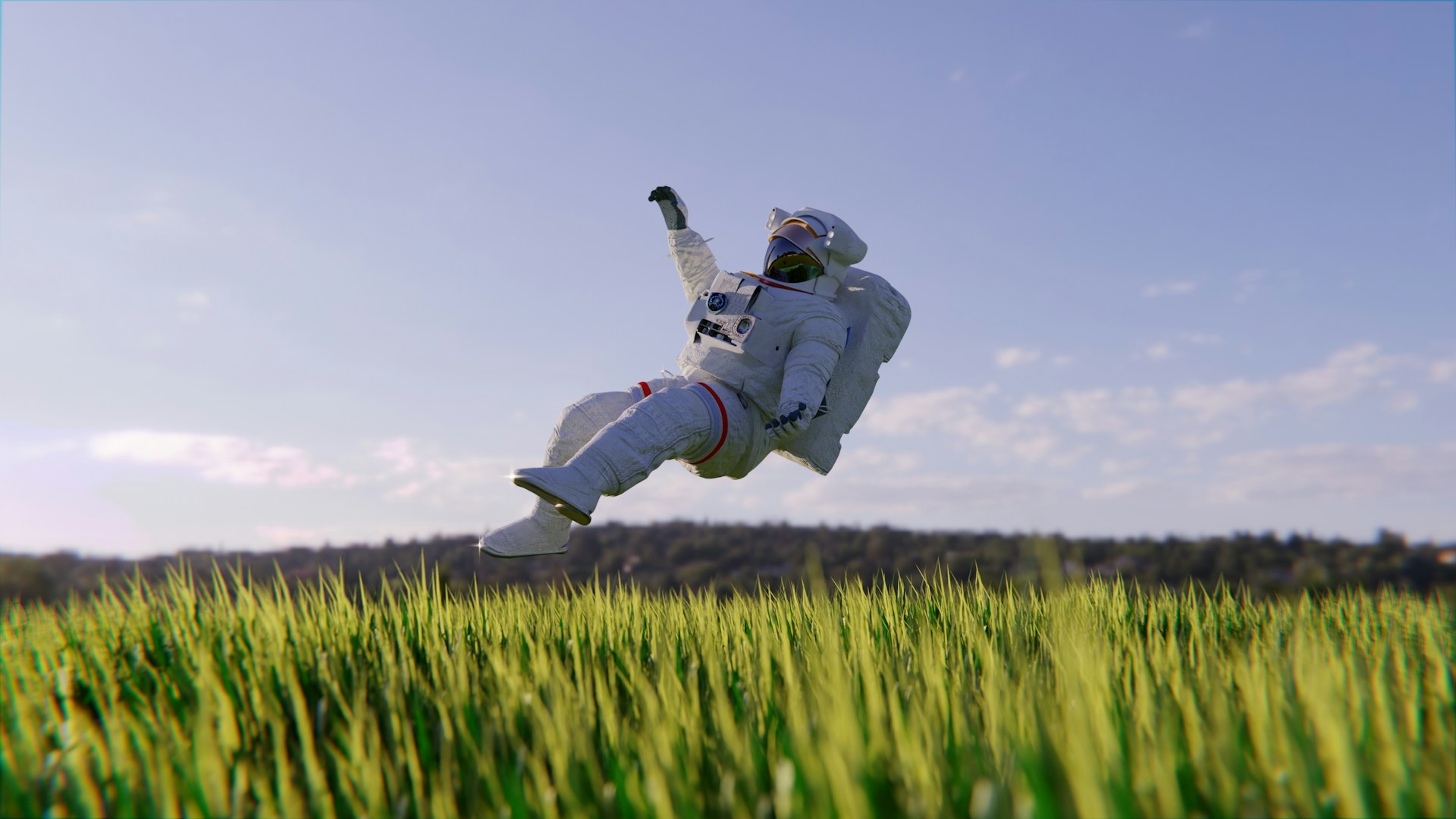 an astronaut returning to earth, landing in grass