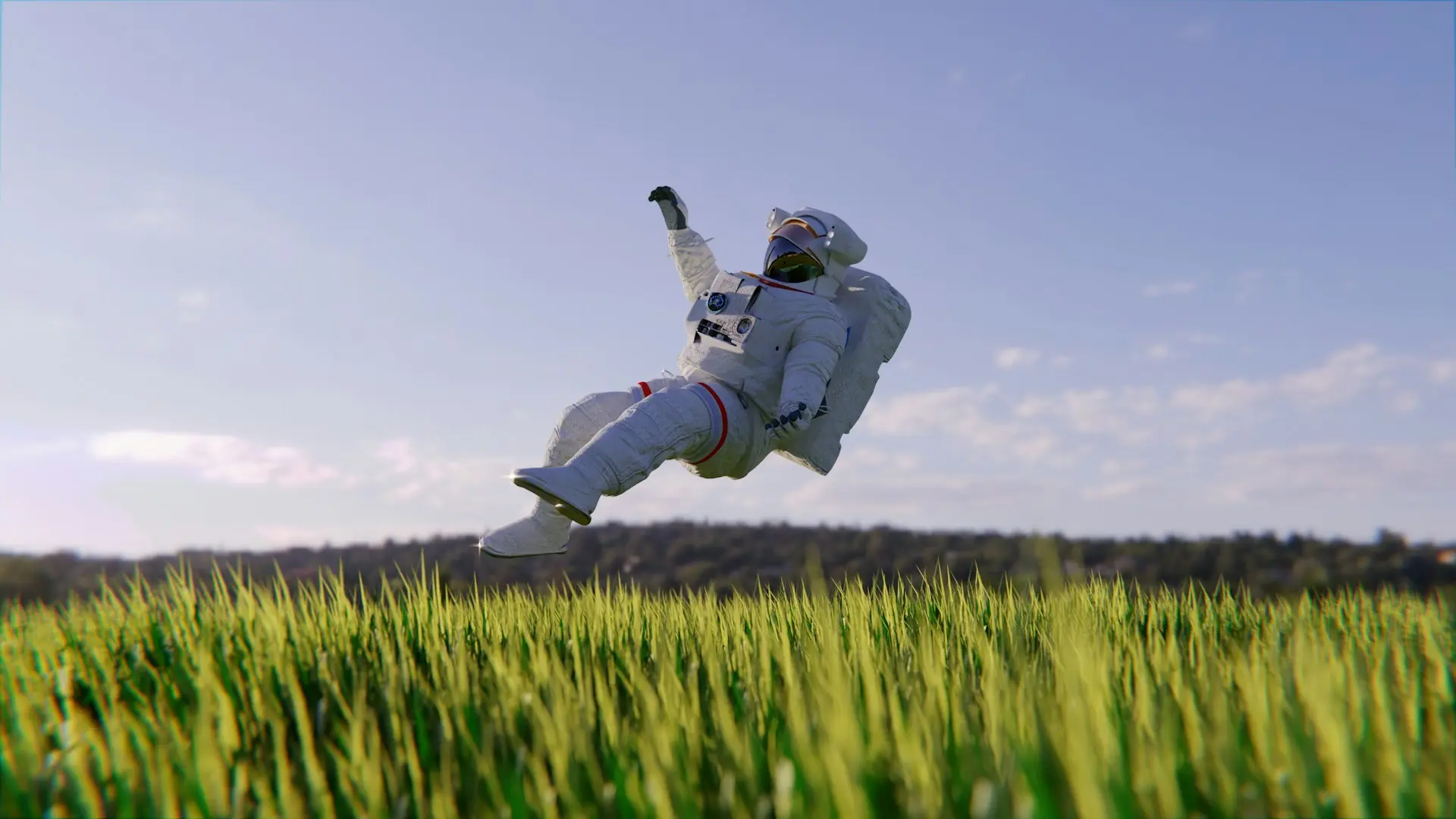 an astronaut returning to earth, landing in grass
