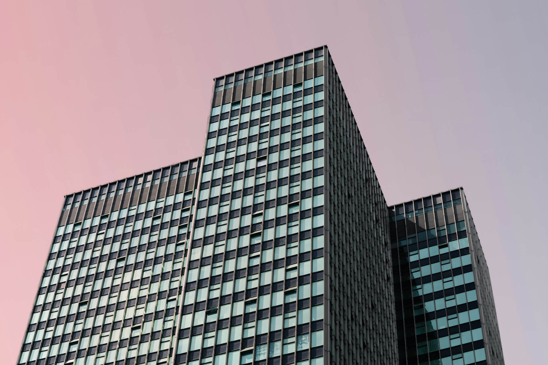 modern skyscraper against a pink cloudless sky